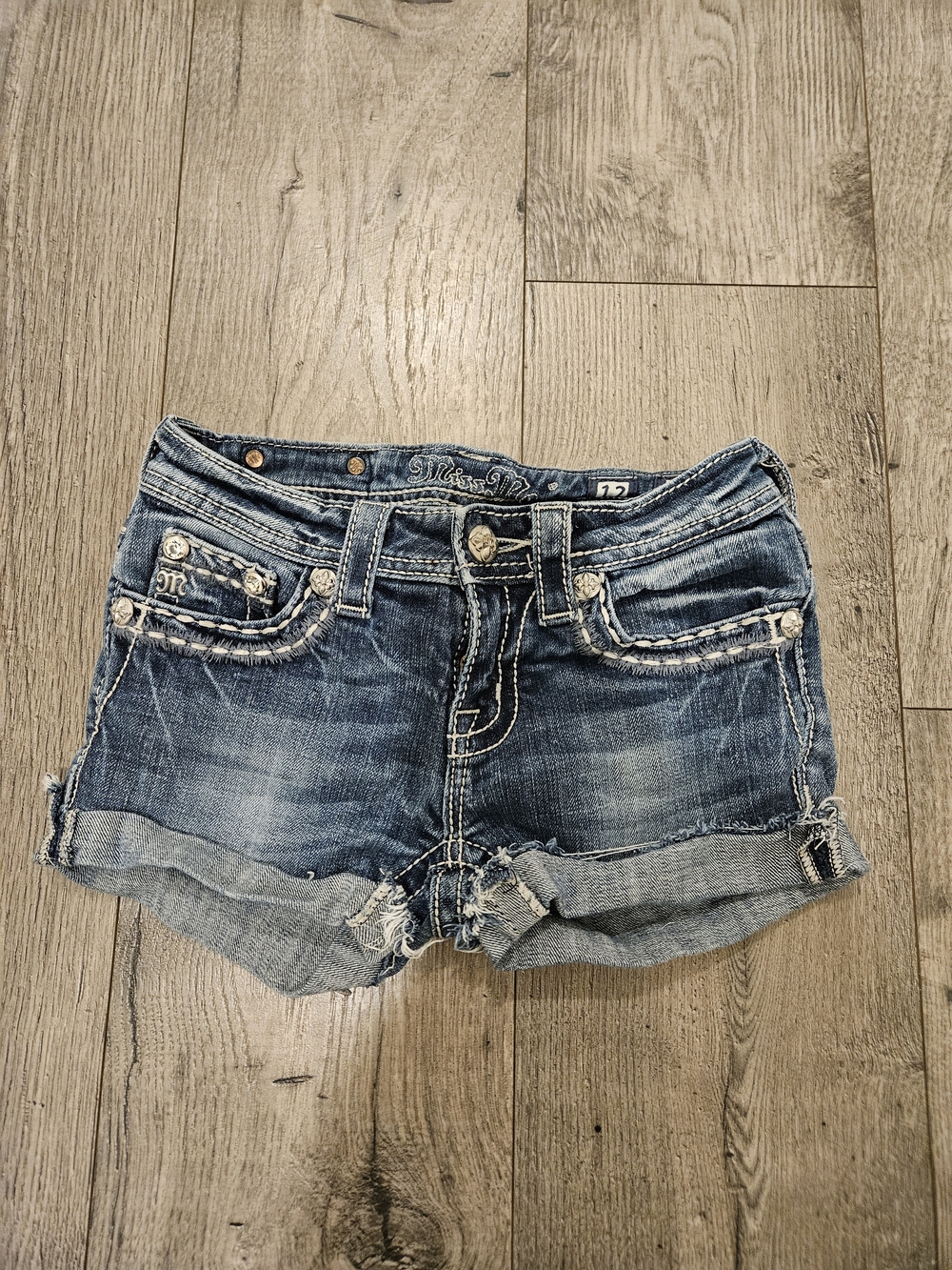 Miss Me Y2K Faded Blue Rhinestones Distressed Rolled-Hem Jean Shorts Sz 12/24"